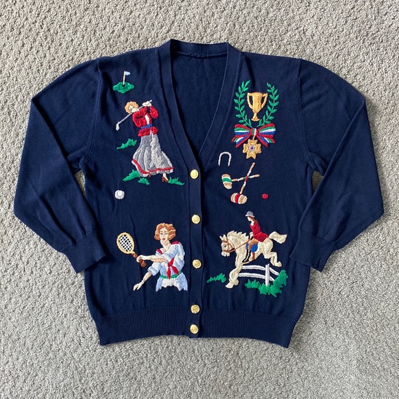 Vintage Sweaters - Vintage Women’s Sports Theme Embroidered Cardigan